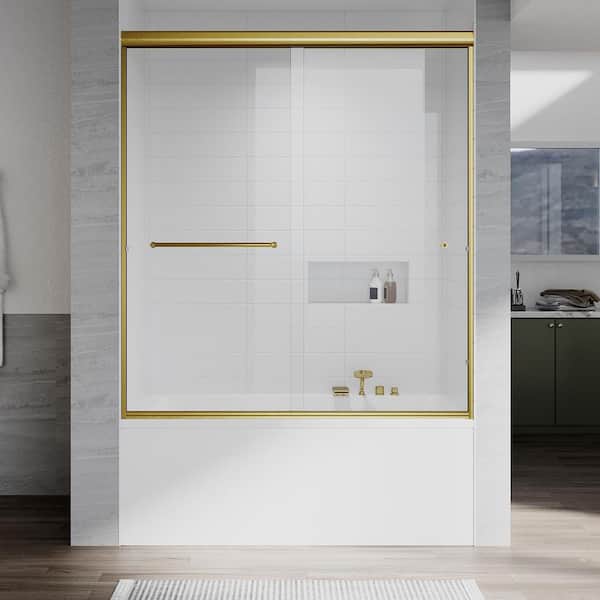 UKD07N 56 to 60 in. W x 60 in. H Double Sliding Semi-Frameless Tub Door in Satin Brass, with 1/4 in. SGCC Clear Glass