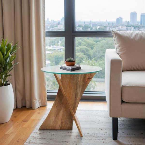 Brown 20 in. Round Glass Top Criss Cross Accent Table