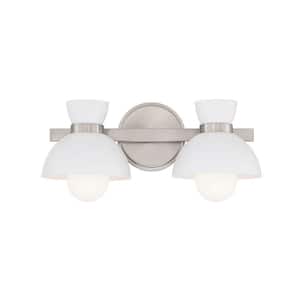 Meridian 16.50 in. 2-Light Brushed Nickel Vanity Light with White Metal Shades