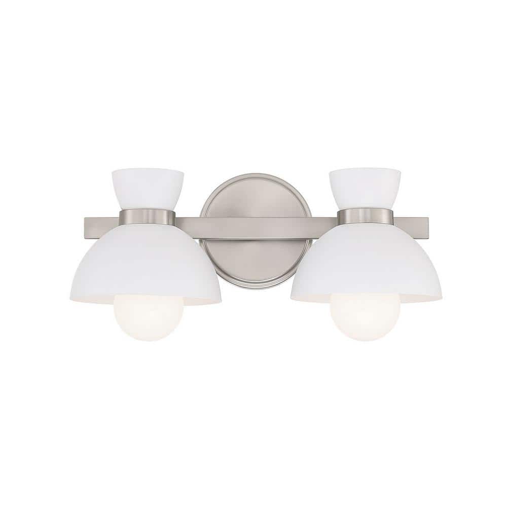 Brushed Nickel 2-Light Vanity with White Metal Shades