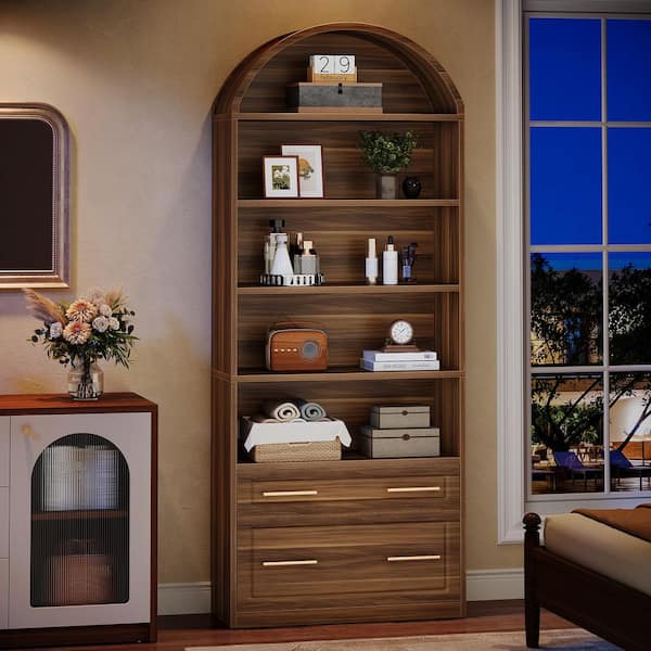 Eulas 77 in.Tall Brown Engineered Wood 5-Shelf Standard Bookcase with File Cabinet Drawer,Open Display Storage Bookshelf