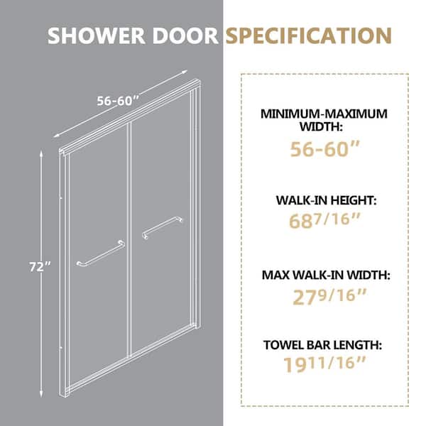 Zeafive 56 to 60 in. W x 72 in. H Double Sliding Shower Door in