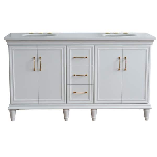 61 in. W x 22 in. D Double Bath Vanity in White with Engineered Stone Vanity Top in White with White Oval Basins