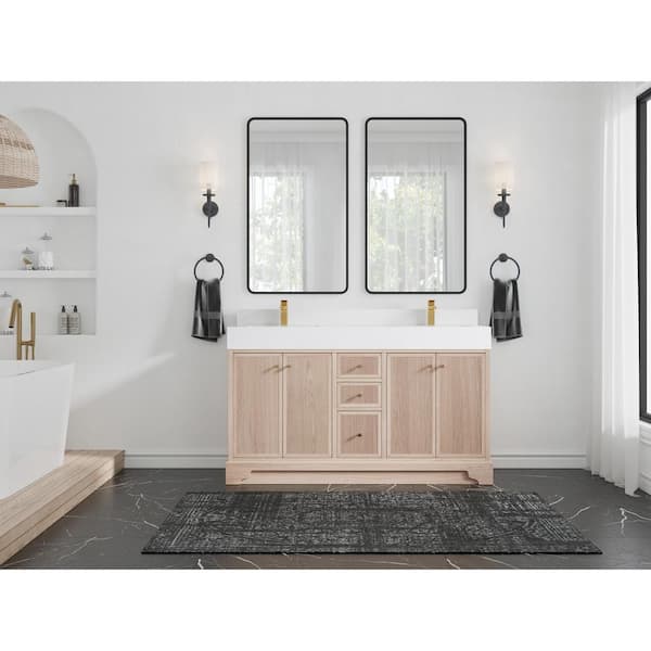Manhattan Oak Wood 60 in. W x 22 in. D Double Sink Bathroom Vanity with  Countertop and White Basin(S) - MNH_60D