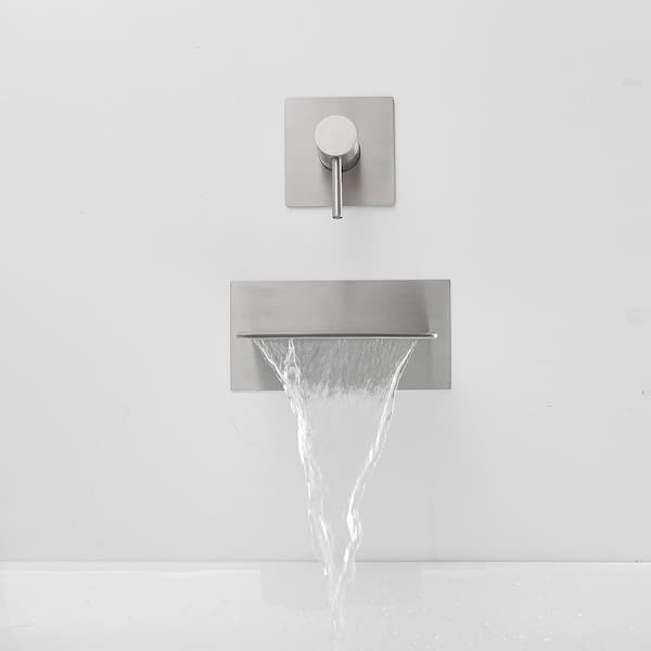 1-Handle Wall Mount Roman Tub Faucet with Waterfall Spout in Brushed Nickel