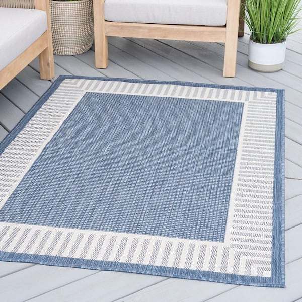 Eco Striped Border Blue 4 ft. x 6 ft. Indoor/Outdoor Area Rug