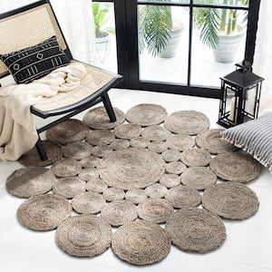 Natural Fiber Gray 3 ft. x 3 ft. Woven Floral Round Area Rug