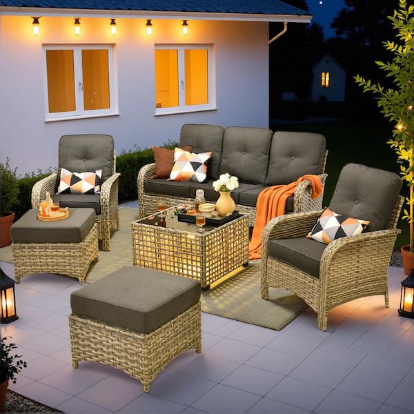 Caodoc Eliza 6-Piece Outdoor Wicker Conversation Sofa Seating Set for Patio, with Ottoman, Black Cushions and Coffee Table.