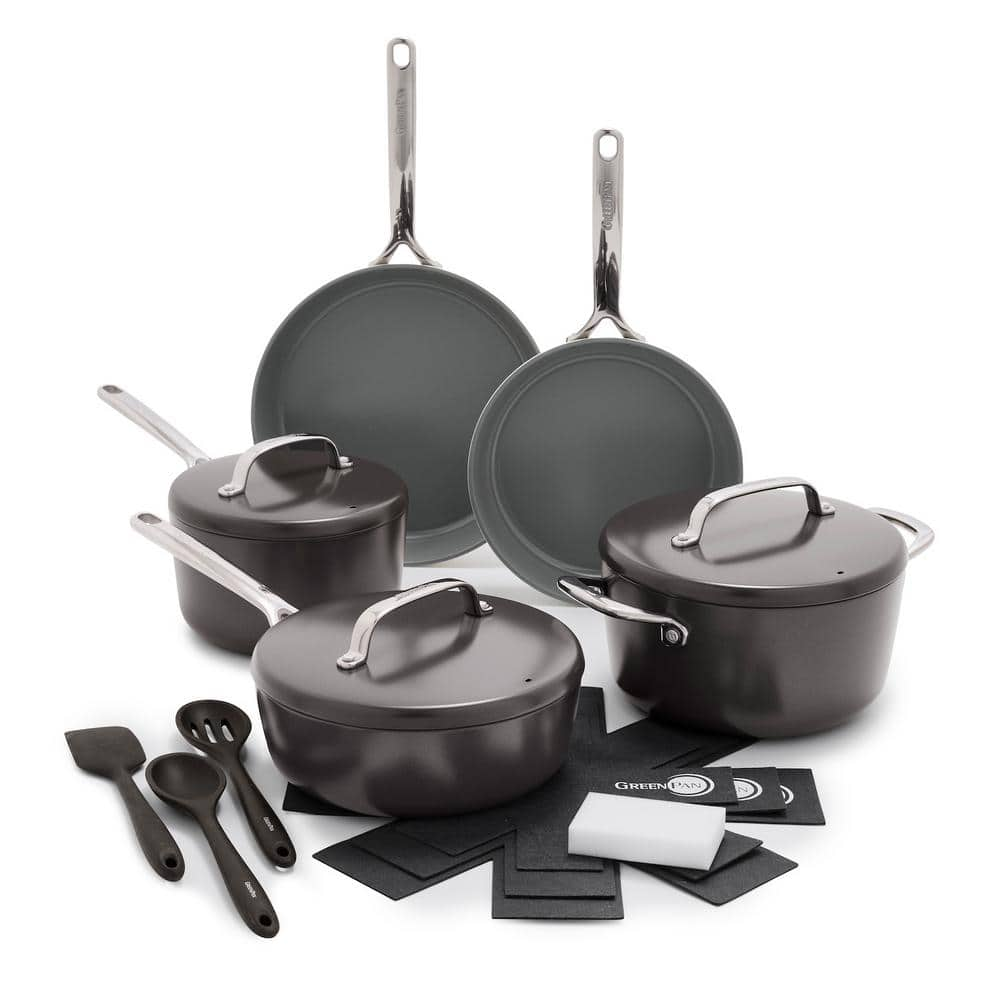 GreenPan GP5 Hard Anodized Aluminum Healthy Ceramic Nonstick 15 Piece Cookware Set in Cocoa, Brown