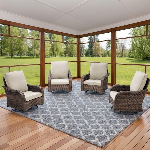 4-Piece Wicker Rocking Chair, 360° Arbitrary Rotation with Beige Cushions, Suitable for Indoor and Outdoor