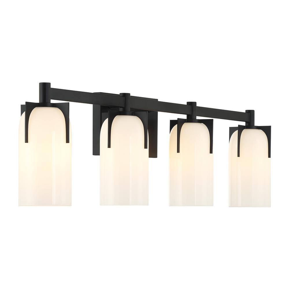 Matte Black 4-Light Vanity with Etched White Opal Glass Shades