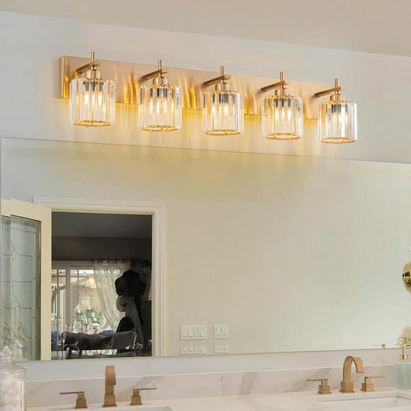 EDISLIVE Orillia 35.4 in. 5-Light Gold Bathroom Vanity Light with Crystal Shade Wall Sconce Over Mirror