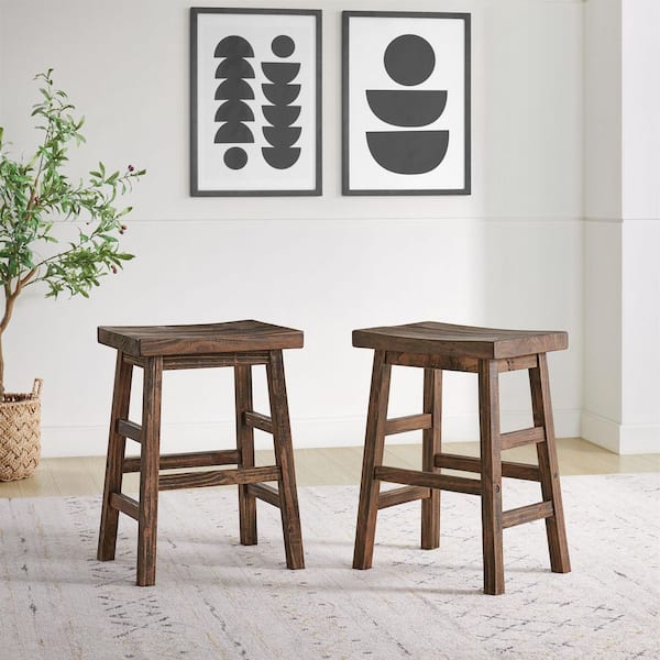 Pomona 26 in. Brown Solid Natural Wood Counter Height Bar Stool, Farmhouse Accent Furniture for Kitchens, Dining and Pub