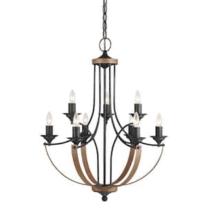 Corbeille 9-Light Weathered Gray and Distressed Oak Contemporary Farmhouse Hanging Empire Candlestick Chandelier