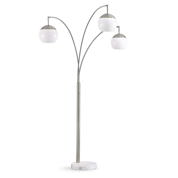 HomeGlam Metro 83 in. Brushed Nickel 3-Lights LED Dimmable Globes Tree Floor Lamp with White Glass Shade and LED Vintage Bulbs