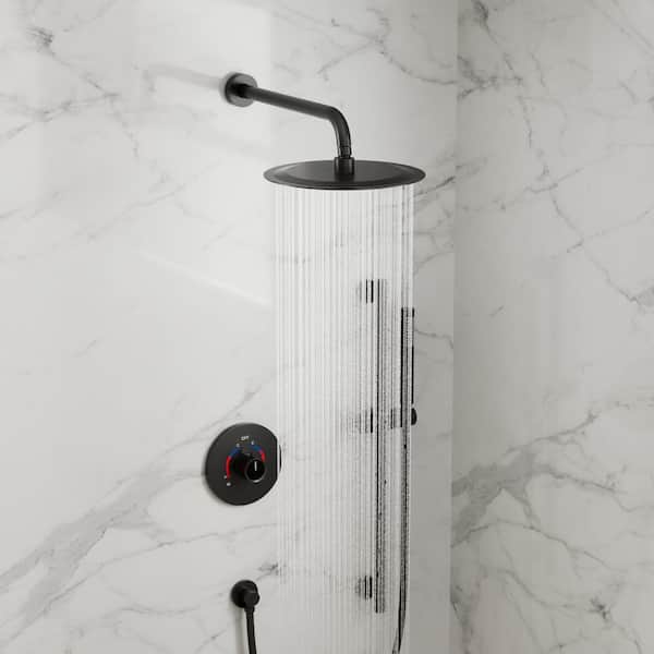 Classicrain 10 in. Dual 2-Spray Round Wall Bar Shower Kit Handheld 2.5 GPM w/ Sliding Bar in Matte Black Valve Included