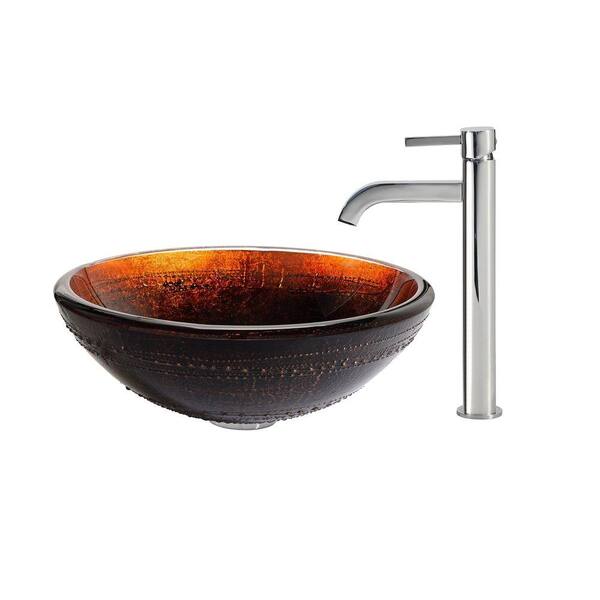 KRAUS Prometheus Glass Vessel Sink in Brown with Ramus Faucet in Chrome
