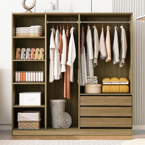 Harper & Bright Designs Natural 67.9 in. H Doorless Storage Wardrobe with Double Hanging Rods, Shelves and 3 Drawers