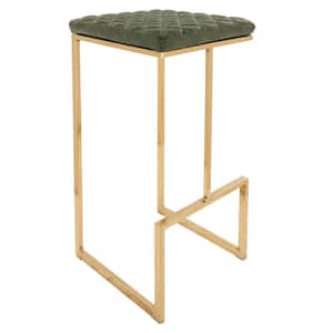Quincy 29" Quilted Stitched Leather Gold Metal Bar Stool With Footrest in Olive Green