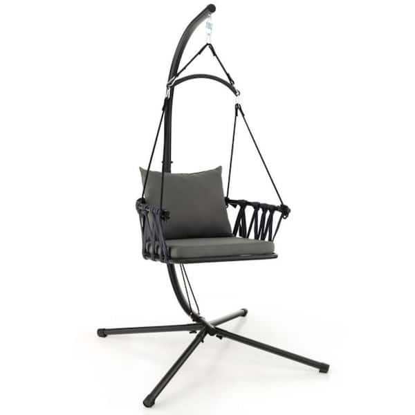 Kadehome 1-Person Metal Patio Swing with Stand and Gray Cushion