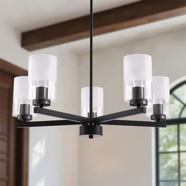 The Modern 5-Light Black Chandelier with Frosted Grass Shaped Accents for Kitchen And Dining Room
