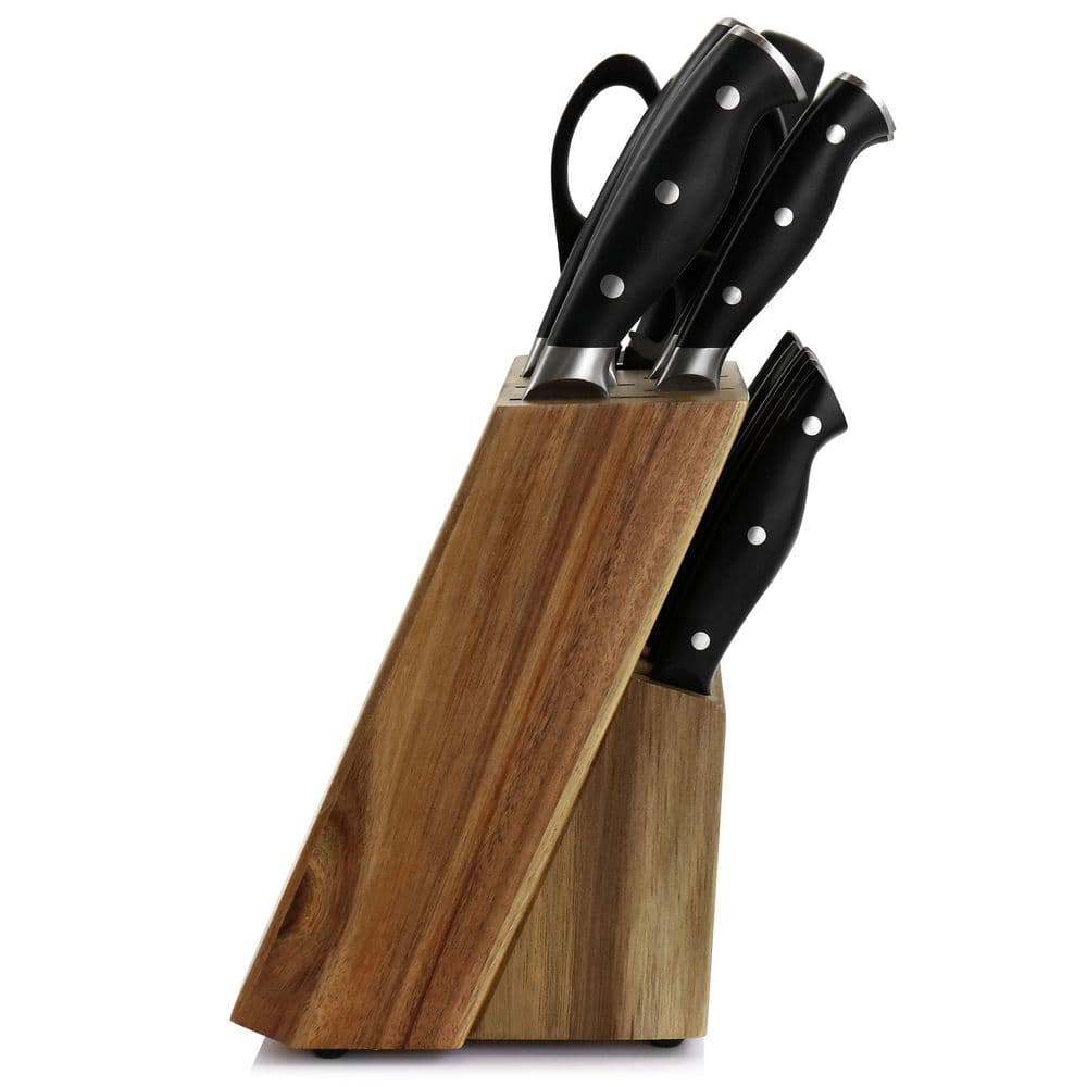 14-Piece Stainless Steel Knife Set with Black Handles and Wood Block