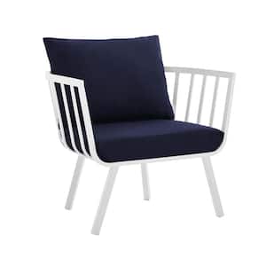 Riverside White Aluminum Outdoor Patio Dining Chair with Navy Cushions