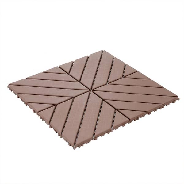 GOGEXX 12in.Wx12in.L Outdoor Backyard Striped Pattern Square PVC Interlocking Flooring Deck Tiles(Pack of 44Tiles)Brown