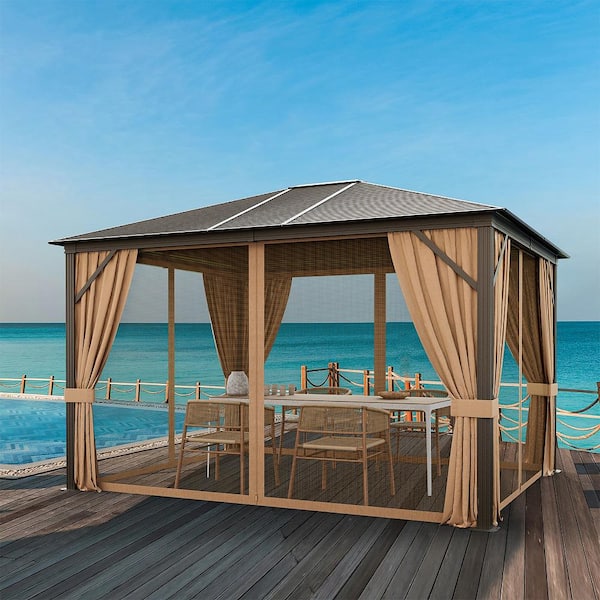 12 ft. x 10 ft. Brown Patio Hardtop Gazebo with Galvanized Steel Top Aluminum Frame Outdoor