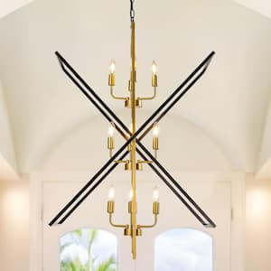 Rotalable 12-Light Vintage Black and Gold Modern Industrial Semi Flush Chandelier Light Fixture for Dining Room Kitchen