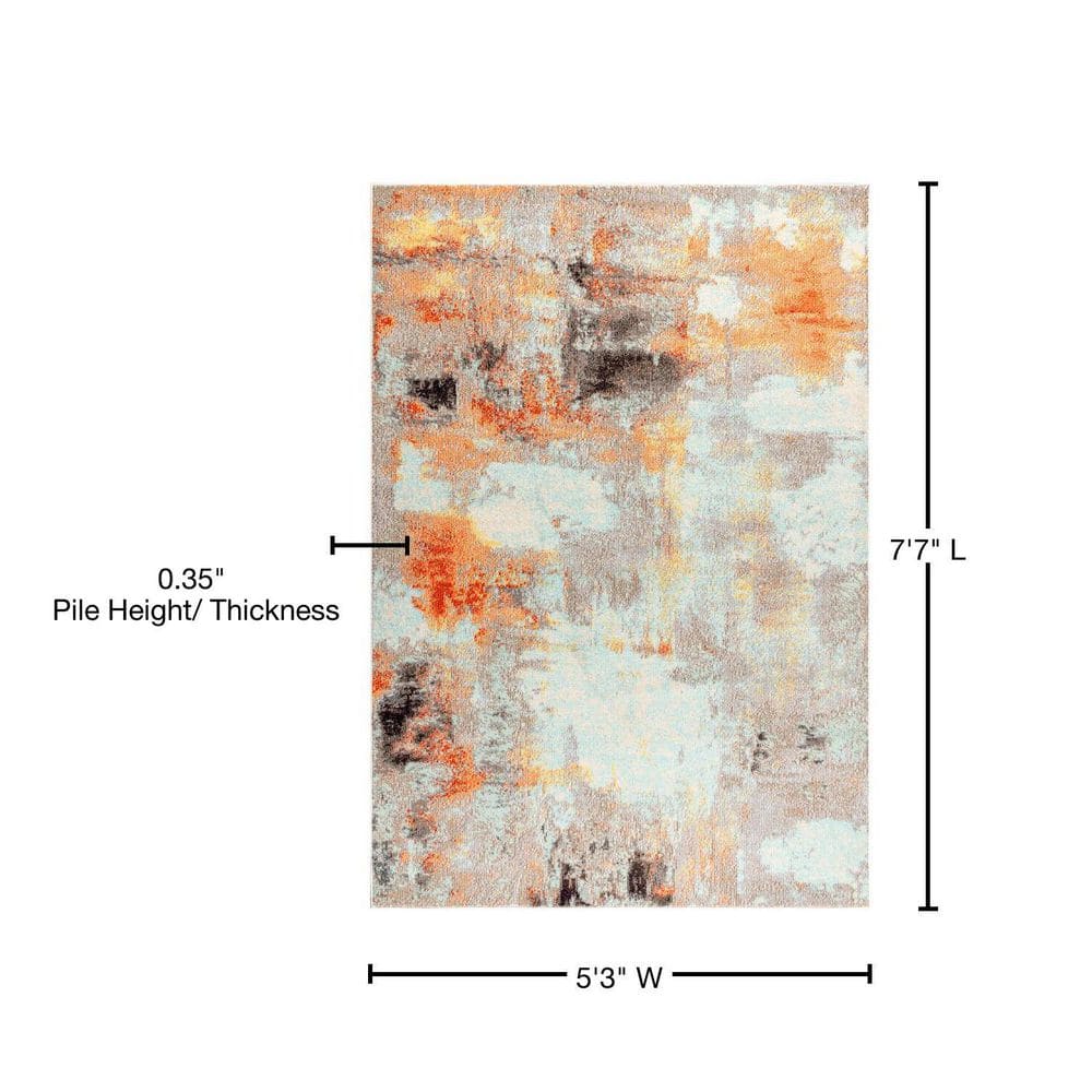 Cream and Orange Abstract Synthetic Area Rug, 5 x 8