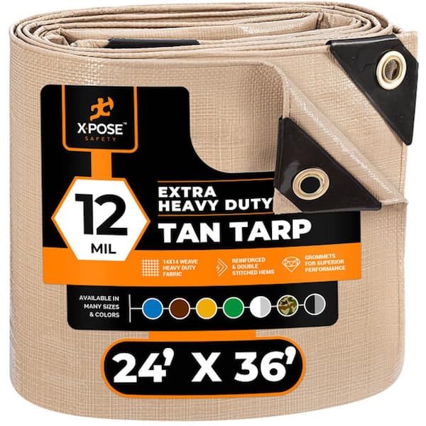 XPOSE SAFETY Heavy-Duty Tan Poly Tarp 24 ft. x 36 ft. Multi-Purpose Protective Cover Durable Extra Thick 12 Mil Polyethylene