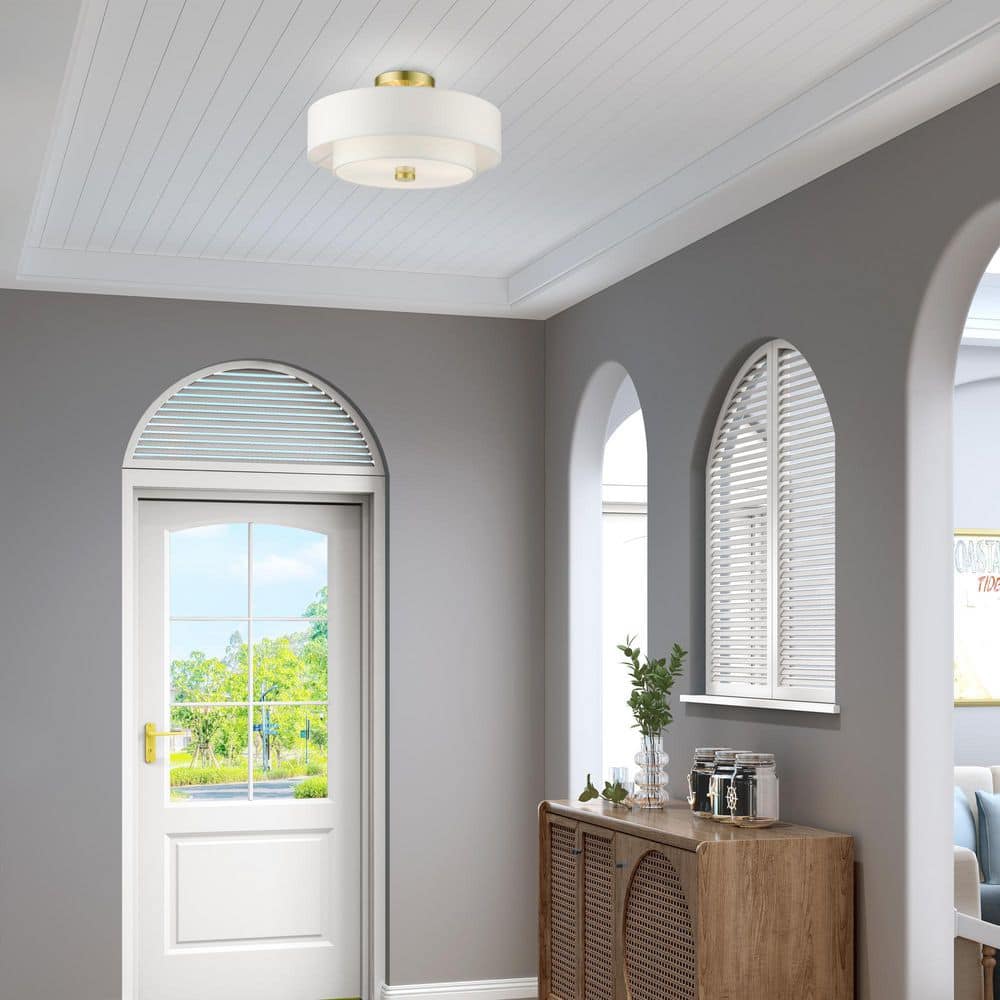 Satin Brass Modern 3-Light Semi-Flush Drum Light with Off-White Shade