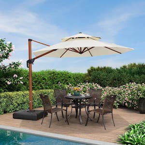 11 ft. Octagon High-Quality Wood Pattern Aluminum Cantilever Polyester Patio Umbrella with Stand, Cream