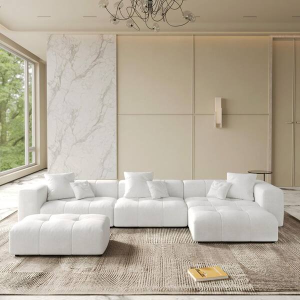 Magic Home 144 in. Oversized Square Arm Linen U Shaped Modular Sectional Sofa 3-Seater with 2-Ottomans in. White