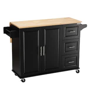 Black Rubber Wood Tabletop 54 in. Kitchen Island with Drawers and Adjustable Shelf