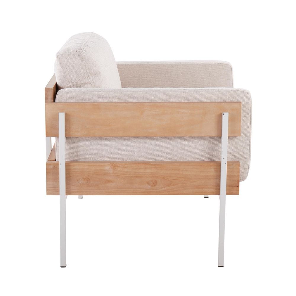 Cream Faux Leather and Metal Accent Chair with Natural Wood Frame