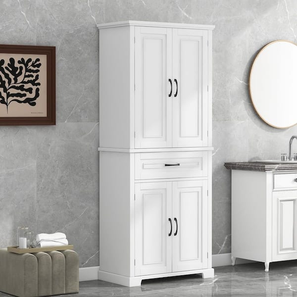 Honey White Wood 72.0 in. Bathroom Storage Cabinet with 4 Doors, Multiple Storage Space and Drawer