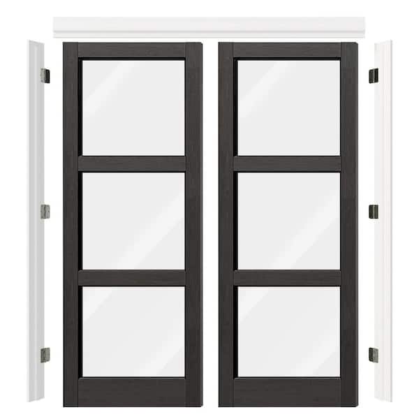 60 in. x 80 in. 3-Lite Clear Glass Black PVC Covering MDF. Wood Universal Pre-hung French Door with Quick Assemble Jamb