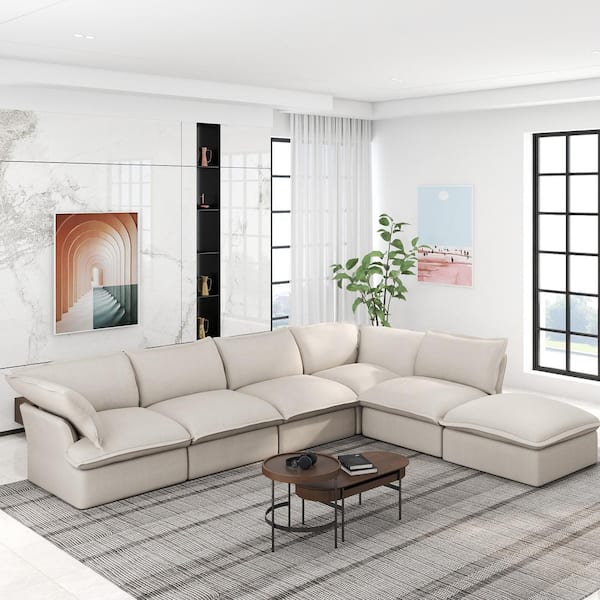 163 in. Flared Arm 6-Piece Linen U-shaped Overstuffed Deep Seat Sectional Sofa Cloud Couch with Storage Ottoman in Beige