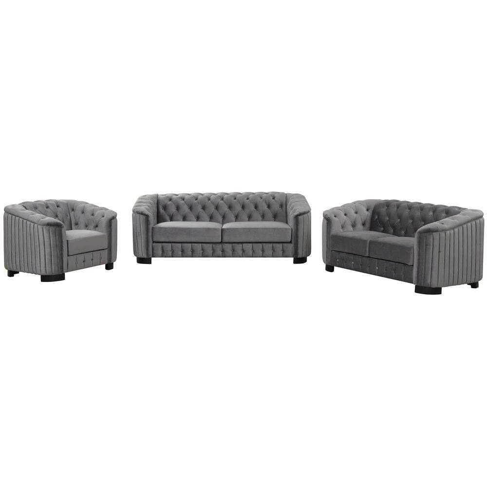 3-Piece Gray Velvet Living Room Sofa Set with Loveseat and Single Chair