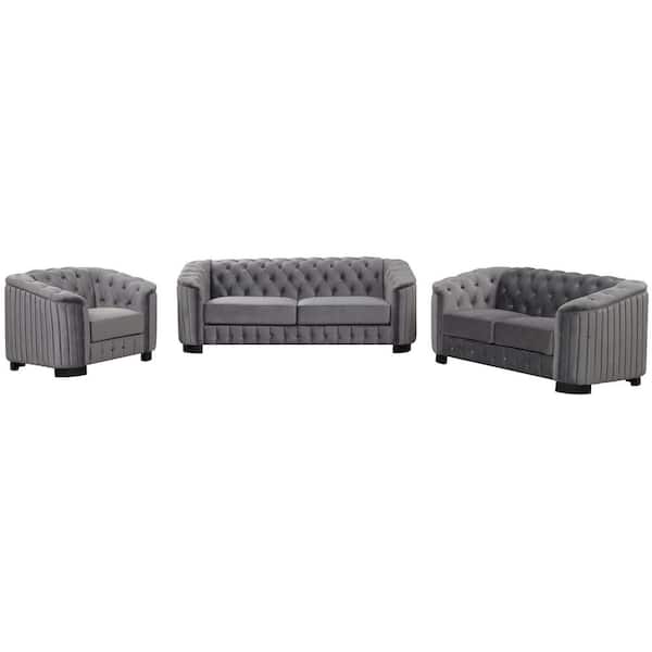 3-Piece Gray Velvet Living Room Sofa Set with Loveseat and Single Chair
