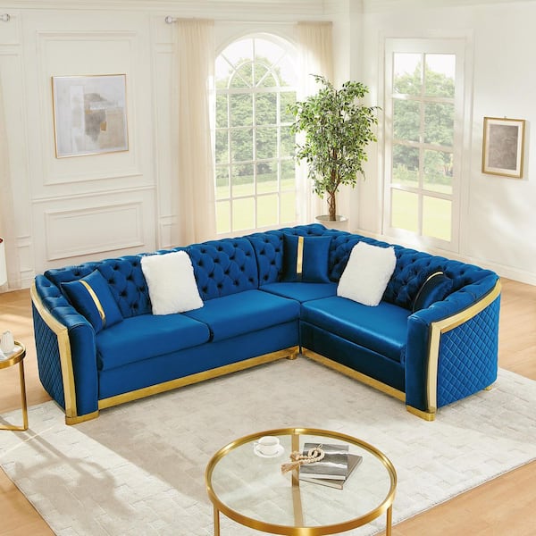 Pahana 105.5 in. L-Shaped Rolled Arm Velvet with 5 Pillows Sectional Sofa in Blue