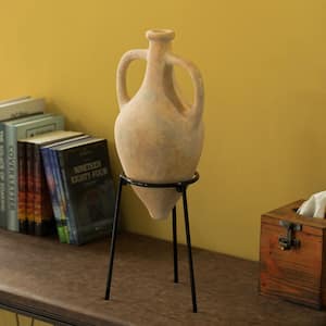 Antique Style Vase, Old Fashioned Amphora, Tall Vase, Black Metal Tripod Stand, 21 in. Tall Beige Vase