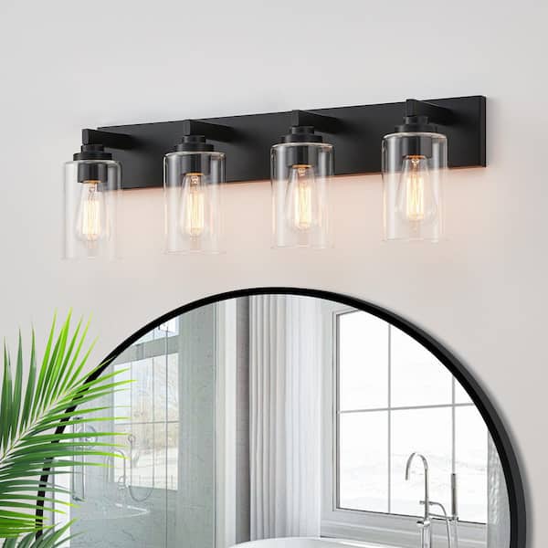 28.37 in. 4-Light Black Vanity Light with Clear Glass Shade