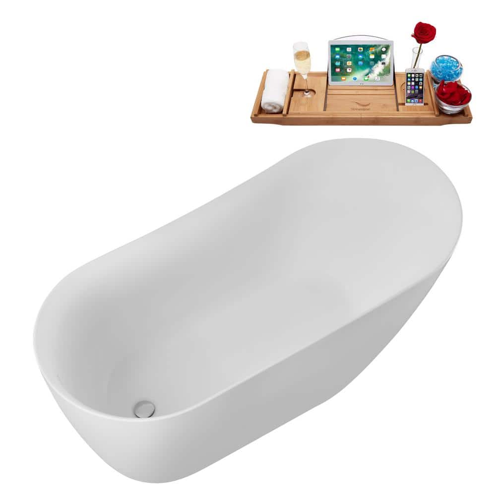 59" Glossy White Acrylic Freestanding Soaking Bathtub with Bamboo Tray