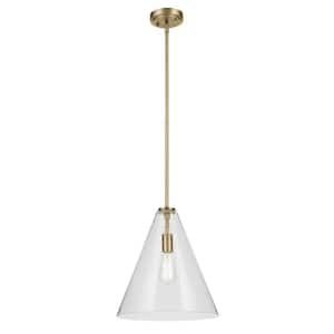 Everly 14.25 in. 1-Light Natural Brass Modern Shaded Cone Kitchen Hanging Pendant Light with Clear Seeded Glass