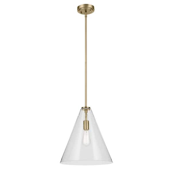 Everly 14.25 in. 1-Light Natural Brass Modern Shaded Cone Kitchen Hanging Pendant Light with Clear Seeded Glass