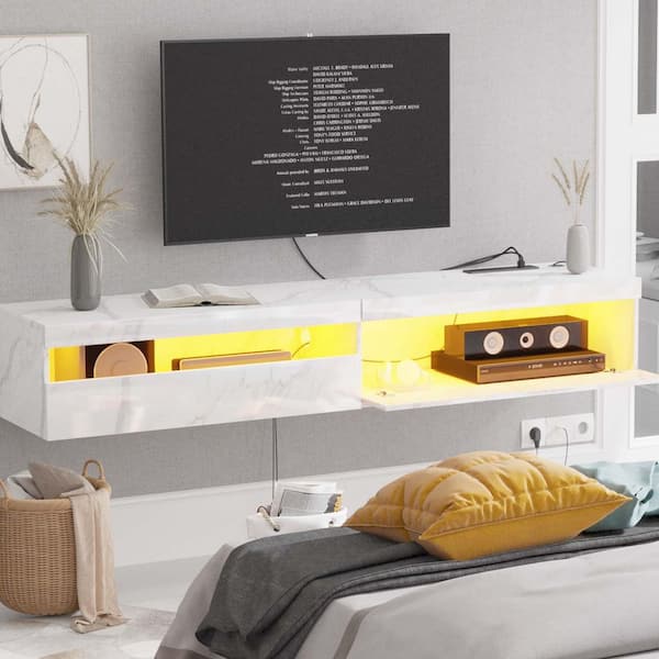 71 in. W x 16 in. D White and Gray Floating TV Stand Entertainment Center Decorative Wall Shelf w/ Lights & Power Outlet
