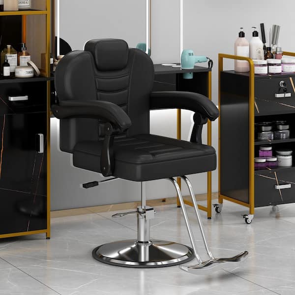 PU Leather Classic Heavy Duty Hydraulic 360° Rotation Ergonomic Reclining Barber Salon Chair in Black 2 with Arms